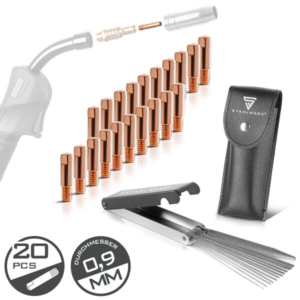 STAHLWERK MIG MAG sada kontaktních hrotů | sada 20 kontaktních hrotů M6x25 0,9 mm | čistič trysek 13 v 1 v kufříku | příslušenství pro AK15, MB15, AK14, MB14 | sada čisticích a opotřebitelných dílů pro svařovací hořáky MIG/MAG