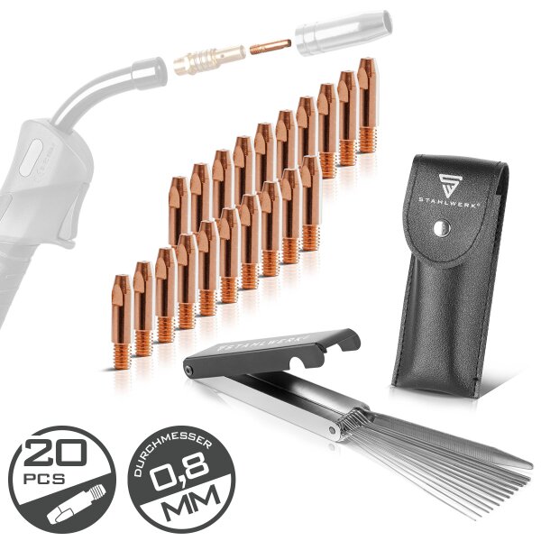 STAHLWERK MIG MAG sada kontaktních hrotů | sada 20 kontaktních hrotů M6x28 0,8 mm | čistič trysek 13 v 1 v kufříku | příslušenství pro AK25, MB25, KD24, MB24 | sada čisticích a opotřebitelných dílů pro svařovací hořáky MIG/MAG