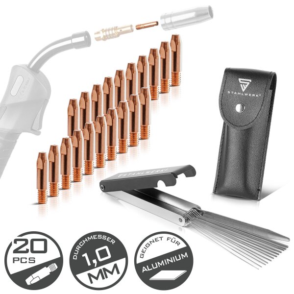 STAHLWERK MIG MAG sada kontaktních hrotů pro hliník | sada 20 kontaktních hrotů M6x28 1,0 mm | čistič trysek 13 v 1 v kufříku | AK25, MB25, KD24, MB24 | Sada čisticích a opotřebitelných dílů pro svařovací hořáky MIG/MAG