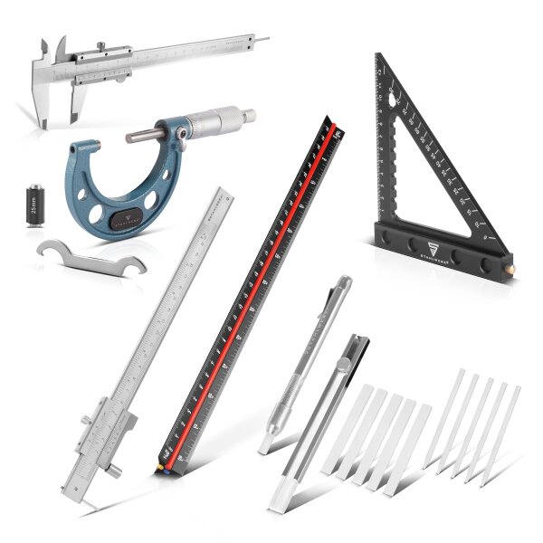 STAHLWERK præcisionsmåle- og markeringsværktøjssæt | Skydelære 0-200 | Skydelære 0-150 mm | Mikrometer 25-50 mm | Aluminiumsvinkeltrekant 0-90° | Trekantet lineal 30 cm | Svejsekridt