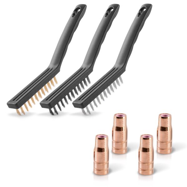 STAHLWERK 4er-Set Original Fülldrahtdüse Gasdüse für Fülldraht Schweißen MIG MAG, passend für AK14/MB14/AK15/MB15 Brenner bis zu 200A FLUX, gasloses Schweißen, Schweißzubehör mit 3er-Set Drahtbürsten