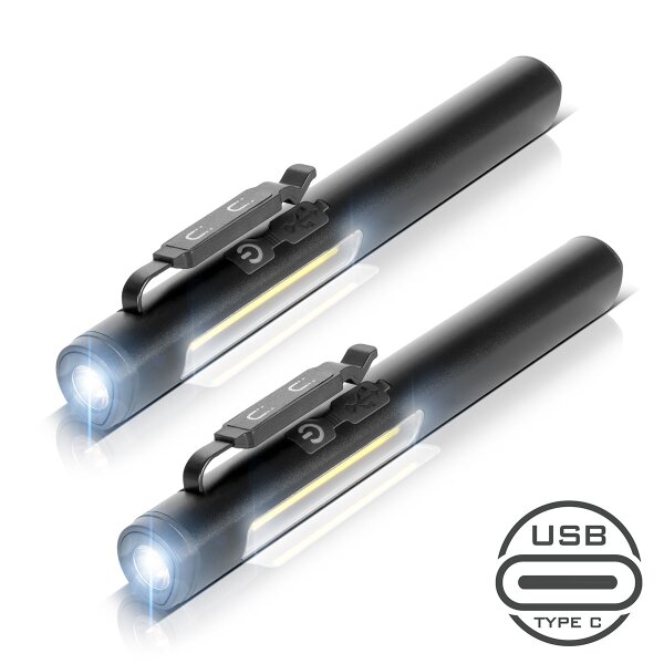 STAHLWERK LED-Arbeitsleuchte 2er - Leistungsstarke Stablampe mit COB-Flashlight | Werkstattlampe mit Magnethalterung | USB-C Anschluss | 600mAH Akku | Schnell aufladbar