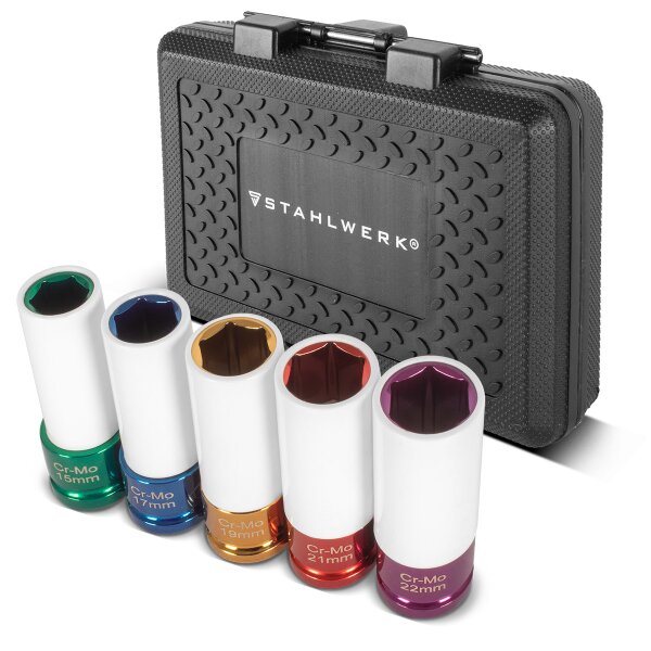 STAHLWERK Jeu de douilles à choc 1/2" entraînement | 5 douilles 15, 17, 19, 21, 22 mm | Pour un changement de roue facile | Douilles Cr-Mo pour jantes alu | Avec protection de jantes | Profil 6 points | Code couleur