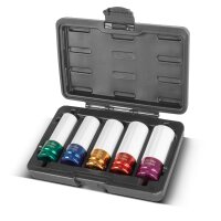 STAHLWERK Jeu de douilles à choc 1/2" entraînement | 5 douilles 15, 17, 19, 21, 22 mm | Pour un changement de roue facile | Douilles Cr-Mo pour jantes alu | Avec protection de jantes | Profil 6 points | Code couleur