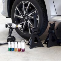 STAHLWERK Jeu de douilles à choc 1/2" entraînement | 5 douilles 15, 17, 19, 21, 22 mm | Pour un changement de roue facile | Douilles Cr-Mo pour jantes alu | Avec protection de jantes | Profil 6 points | Code couleur