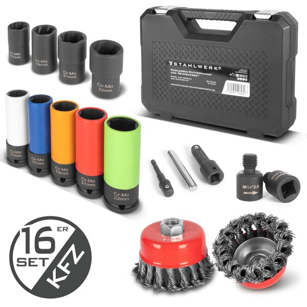 STAHLWERK Kit de démontage et de nettoyage de moyeux de roue | 16 pièces | 4 douilles dalésage | 5 douilles de cisaillement | entraînement 1/2" | 17-22 mm | 2 brosses boisseau 65/75 mm avec adaptateur M14 x 2 | rallonge | perforation 12 mm