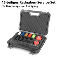 STAHLWERK Kit de démontage et de nettoyage de moyeux de roue | 16 pièces | 4 douilles dalésage | 5 douilles de cisaillement | entraînement 1/2" | 17-22 mm | 2 brosses boisseau 65/75 mm avec adaptateur M14 x 2 | rallonge | perforation 12 mm