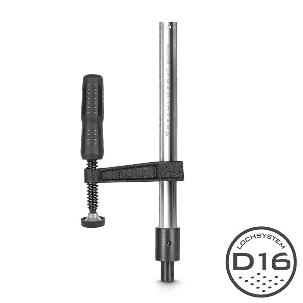 STAHLWERK Serre-joint pour tables de soudage| F-Clamp avec plage de serrage 80 x 200 mm| Système de trous D 16 | Fixe les pièces de manière sûre | Tige nickelée | Rail de guidage profilé | Poignée à garrot entièrement caoutchoutée