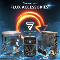 STAHLWERK FLUX 160 ST Digital welding machine with 160 A | fully equipped | welding helmet | equipment trolley | welding wire | synergic wire feeder | Lift-TIG | ARC/MMA function | welding without shielding gas