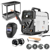 STAHLWERK Schweißgerät Mini FLUX 120 ST Digital | 120 A | Vollausstattung | Schweißhelm | Gerätewagen | Schweißdraht | Synergischer Drahtvorschub | Lift-TIG | ARC/MMA | Schweißen ohne Schutzgas