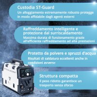 Saldatrice STAHLWERK Mini FLUX 120 ST Digital | 120 A | completamente equipaggiata | casco per saldatura | carrello per attrezzature | filo per saldatura | trainafilo sinergico | Lift-TIG | ARC/MMA | saldatura senza gas di protezione