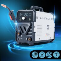 STAHLWERK Schweißgerät Mini FLUX 120 ST Digital | 120 A | Vollausstattung | Schweißhelm | Gerätewagen | Schweißdraht | Synergischer Drahtvorschub | Lift-TIG | ARC/MMA | Schweißen ohne Schutzgas