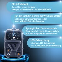 STAHLWERK Schweißgerät Mini FLUX 120 ST Digital | 120 A | Vollausstattung | Schweißhelm | Gerätewagen | Schweißdraht | Synergischer Drahtvorschub | Lift-TIG | ARC/MMA | Schweißen ohne Schutzgas