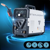 STAHLWERK Schweißgerät Mini FLUX 120 ST Digital | 120 A | Vollausstattung | Schweißhelm | Gerätewagen | Schweißdraht | Synergischer Drahtvorschub | Lift-TIG | ARC/MMA | Schweißen ohne Schutzgas