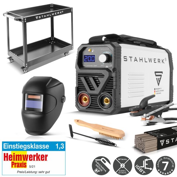 STAHLWERK Elektroden-Schweißgerät ARC 200 MD mit 200 Ampere| Vollausstattung | Schweißhelm | Elektroden | Gerätewagen | DC MMA/E-Hand | Lift-TIG| Hot-Start | Smartkühlung | Single-Board | Sehr kompakt
