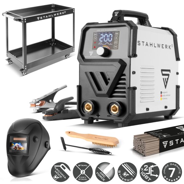 STAHLWERK Elektroden-Schweißgerät ARC 200 Synergic Pro mit 200 Ampere | Vollausstattung | Schweißhelm | Elektroden | Gerätewagen | Vollsynergisch | MMA/E-Hand | Lift-TIG Inverter | IGBT Technologie