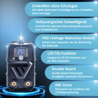 STAHLWERK Elektroden-Schweißgerät ARC 200 Synergic Pro mit 200 Ampere | Vollausstattung | Schweißhelm | Elektroden | Gerätewagen | Vollsynergisch | MMA/E-Hand | Lift-TIG Inverter | IGBT Technologie