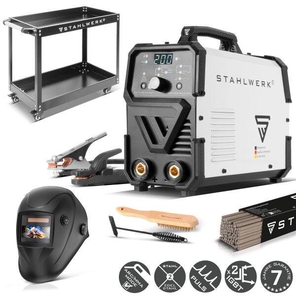 STAHLWERK ARC 200 Puls Pro soldadora de electrodo con 200 amperios | casco de soldador totalmente equipado | electrodos | carro de equipamiento | MMA / E-Hand | inversor Lift-TIG | tecnología IGBT y función de pulsos