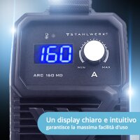 STAHLWERK Saldatrice ARC 160 MD con 160 ampere | completamente equipaggiata | casco per saldatura | elettrodi | carrello per attrezzatura | DC MMA/E-Hand | Lift-TIG | variabile in continuo | Hot-Start | Anti-Stick | Smart Cooling