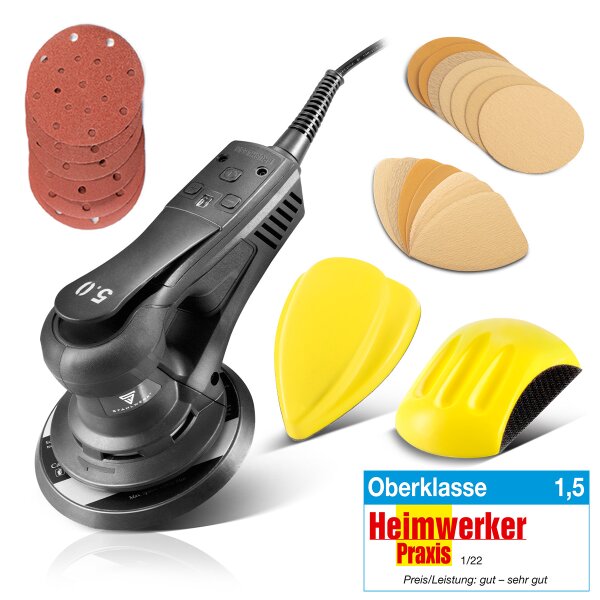 STAHLWERK excenterschuurmachine ES-150 ST | Krachtige handschuurmachine 350 watt | Krachtig en trillingsarm | Borstelloze vlakschuurmachine | Schuurmachine in een set met twee handschuurblokken P80-P320