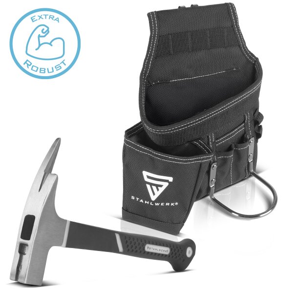 STAHLWERK tool belt with hammer in a set | Multifunctional tool belt bag with plenty of storage space | Craftsman belt with hammer loop and tape measure holder | Tool bag with hammer in a set