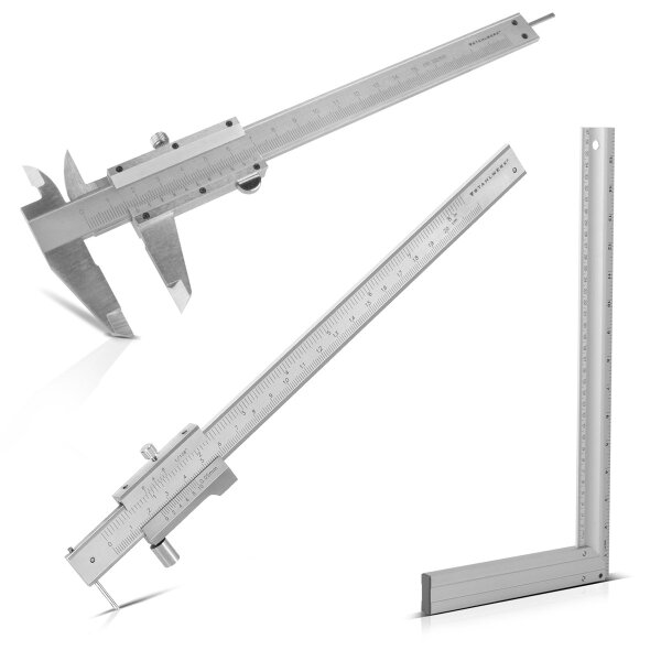 Juego de herramientas de precisión STAHLWERK para medir y marcar | 3 piezas | Calibre de marcado 0-200 mm | Calibre 0-150 mm | Ángulo de tope 400 mm | Medición precisa en ingeniería mecánica o en el taller de carpintería