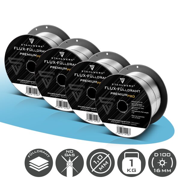STAHLWERK 4er Set FLUX Fülldraht E71T-GS 1,0 mm | 1 kg Drahtrolle D100 | Drahtspule für 16 mm Dorn | Premium Schweißdraht | Zusatzwerkstoff | Universal Schweißdraht | Fülldrahtelektrode | MIG MAG