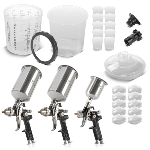 Set di pistole a spruzzo HVLP STAHLWERK con 25 tazze di miscelazione | Set di pistole a spruzzo SGS-1125 ST con 3 pistole ad aria compressa | Set di ugelli da 0,8/1,4/1,7 mm | Robusta valigetta di alluminio | Set di tazze da 25 pezzi, 650 ml