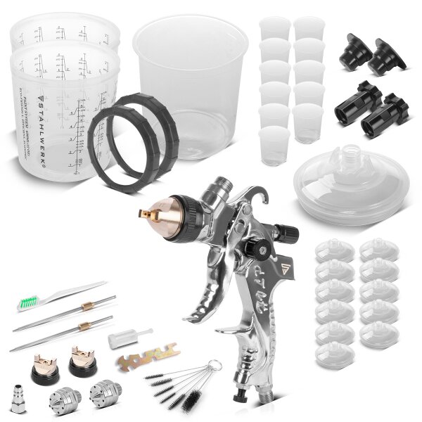 STAHLWERK HVLP-färgspruta SG-250 ST | sprutpistol med blandningskopp set 25 delar | målningsset med 650 ml tryckluftsspruta, flödeskopp och rengöringstillbehör | 3 munstycken 1,4 / 1,7 / 2,0 mm