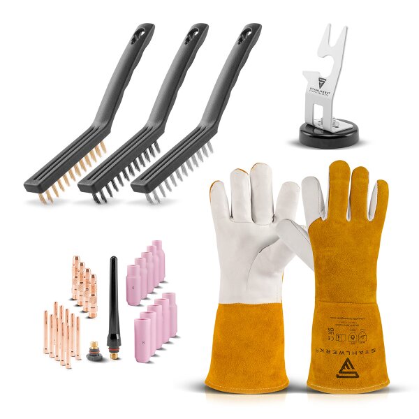 Sada příslušenství STAHLWERK TIG | 26dílná sada opotřebitelných dílů TIG | Magnetický držák hořáku | 3 kartáče na drát | 1 pár kožených rukavic | Vše, co potřebujete pro svařování TIG