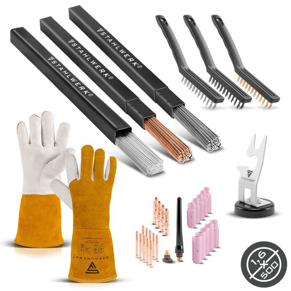 Sada příslušenství STAHLWERK TIG | 26dílná sada opotřebitelných dílů TIG | magnetický držák hořáku | 3 drátěné kartáče | 1 pár kožených rukavic | 3 x svařovací tyče TIG 1,6 mm (hliník, ocel, nerezová ocel - po 1 kg)