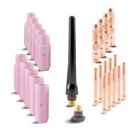 Sada příslušenství STAHLWERK TIG | 26dílná sada opotřebitelných dílů TIG | magnetický držák hořáku | 3 drátěné kartáče | 1 pár kožených rukavic | 3 x svařovací tyče TIG 1,6 mm (hliník, ocel, nerezová ocel - po 1 kg)