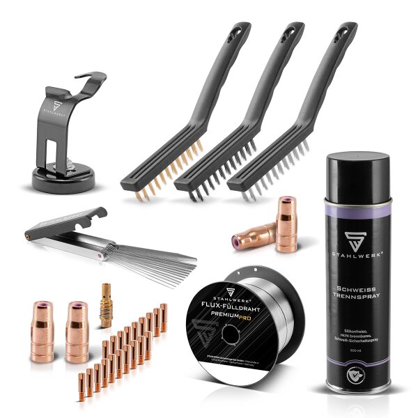 STAHLWERK MIG/MAG- och FLUX-set | brännarhållare MB-15 AK/MB-25 AK | munstycksrengörare (0,8-1,9 mm) | stålborstar 220 mm (Ms/St/Ny) | svetsavskärningsspray 500 ml | 2 FLUX-munstycken | rörtråd Ø 0,9 mm