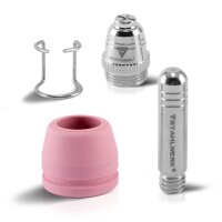 Sada příslušenství STAHLWERK TIG/Plasma | Držák plazmového a TIG hořáku | Svářečské rukavice PSA | Čistič trysek (0,8-1,9 mm) s pilníkem v koženém pouzdře | Vodicí vozík P-60 | Sada opotřebitelných dílů P-60 30 ks.
