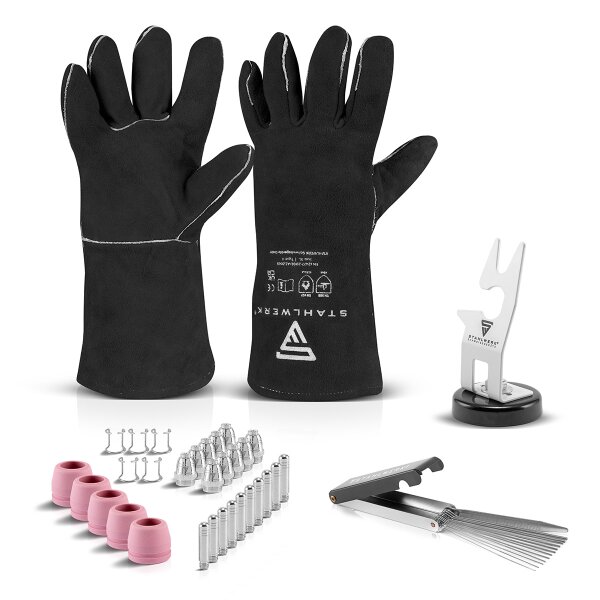 Sada příslušenství pro plazmové řezačky STAHLWERK | držák plazmového a TIG hořáku | ochranné rukavice proti teplu PSA | čistič trysek (0,8-1,9 mm) s pilníkem v koženém pouzdře | sada opotřebitelných dílů P-80 25 ks.