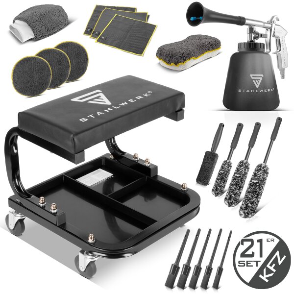 STAHLWERK Werkstatt- und Auto-Detailing-Set 21-teilig | Werkstatthocker mit 118 kg Tragkraft | Druckluft-Reinigungspistole mit Tornado-Effekt | Felgenbürsten- und Autoreinigungs-Set |Mikrofasertücher