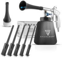 STAHLWERK Werkstatt- und Auto-Detailing-Set 21-teilig | Werkstatthocker mit 118 kg Tragkraft | Druckluft-Reinigungspistole mit Tornado-Effekt | Felgenbürsten- und Autoreinigungs-Set |Mikrofasertücher