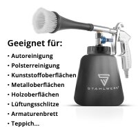 STAHLWERK Werkstatt- und Auto-Detailing-Set 21-teilig | Werkstatthocker mit 118 kg Tragkraft | Druckluft-Reinigungspistole mit Tornado-Effekt | Felgenbürsten- und Autoreinigungs-Set |Mikrofasertücher