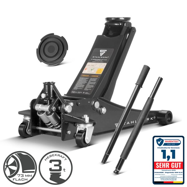 STAHLWERK Wagenheber WHF-73 ST mit 3 t Tragkraft, Long-Life-Stahlrollen, Doppelhubkolben und 73-500 mm Hubbereich | Extra flacher Rangierwagenheber | Hydraulik-Wagenheber | Schwarzer Autoheber