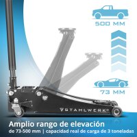 STAHLWERK gato para coches WHF-73 ST con 3 t de capacidad de carga, rodillos de acero de larga duraci&oacute;n, doble pist&oacute;n de elevaci&oacute;n y 73-500 mm de alcance de elevaci&oacute;n | Gato de maniobra extraplano | Gato hidr&aacute;ulico para coches | Gato negro para coches