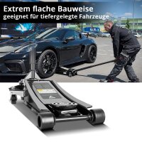 STAHLWERK Wagenheber WHF-73 ST mit 3 t Tragkraft, Long-Life-Stahlrollen, Doppelhubkolben und 73-500 mm Hubbereich | Extra flacher Rangierwagenheber | Hydraulik-Wagenheber | Schwarzer Autoheber