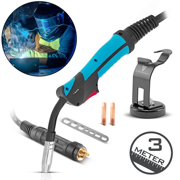 STAHLWERK AK15/MB15 Schweißbrenner-Set mit Halter | 3 Meter Schlauchpaket | Profi-Zubehör für MIG/MAG Schutzgas Schweißgeräte mit Eurozentralanschluss | Gasgekühlte MIG/MAG-Schweißpistole 180 Ampere