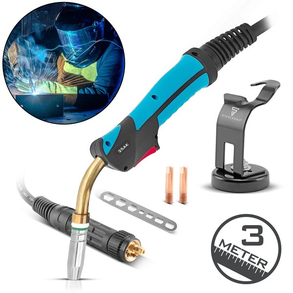 STAHLWERK AK25/MB25 Schweißbrenner-Set mit Halter | 3 Meter Schlauchpaket | Profi-Zubehör für MIG/MAG Schutzgas Schweißgeräte mit Eurozentralanschluss | Gasgekühlte MIG/MAG-Schweißpistole 230 Ampere