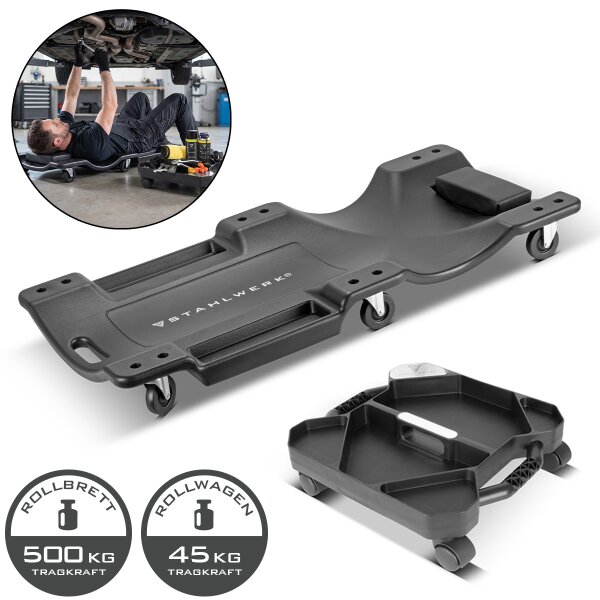 STAHLWERK Kfz-Montage-Set | XXL Rollbrett und Montageliege mit 500 kg Traglast | Mobiler Werkstatt-Caddy belastbar bis 45 kg | Tool-Organizer mit Lenkrollen und 5 Fächern für Kleinteile und Werkzeug