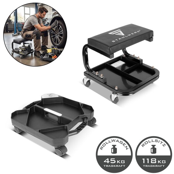 STAHLWERK Werkstatt- und Montage-Set | Kompakter Werkstatthocker mit 118 kg Traglast | Werkstatt-Caddy belastbar bis 45 kg | Tool-Organizer mit Lenkrollen und 5 Fächern für Kleinteile und Werkzeug