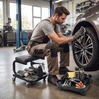 STAHLWERK Werkstatt- und Montage-Set | Kompakter Werkstatthocker mit 118 kg Traglast | Werkstatt-Caddy belastbar bis 45 kg | Tool-Organizer mit Lenkrollen und 5 Fächern für Kleinteile und Werkzeug