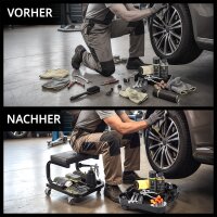 STAHLWERK Werkstatt- und Montage-Set | Kompakter Werkstatthocker mit 118 kg Traglast | Werkstatt-Caddy belastbar bis 45 kg | Tool-Organizer mit Lenkrollen und 5 Fächern für Kleinteile und Werkzeug