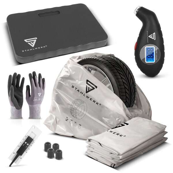 STAHLWERK tire change set | tire service and repair set | 6-piece | tire tread depth gauge | knee cushion | 4 valve caps | 1 pair of gloves | tire pressure gauge | 4 tire protection covers