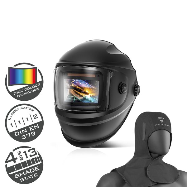 STAHLWERK Casque de soudage automatique BULLET 3-en-1 | Casque de soudage avec cagoule de soudage | Masque de soudage avec reproduction des couleurs réelles True-Colour | Obscurcissement automatique DIN 4 -DIN 13| Classe optique 1/1/1/2