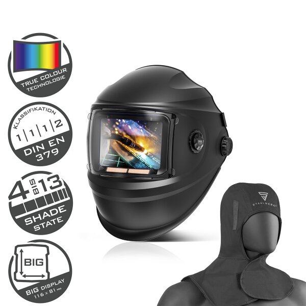 STAHLWERK automatic welding helmet BOOSTER 3-in-1 | welding helmet with welding hood | true color true color reproduction | job memory | automatic dimming DIN 4 - DIN 13 | optical class 1/1/1/2